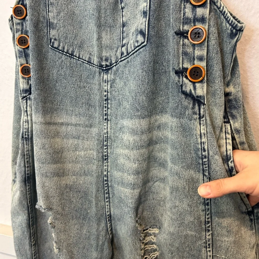 Three Bird Nest Distressed Blue Denim Overalls - Picture 7 of 9